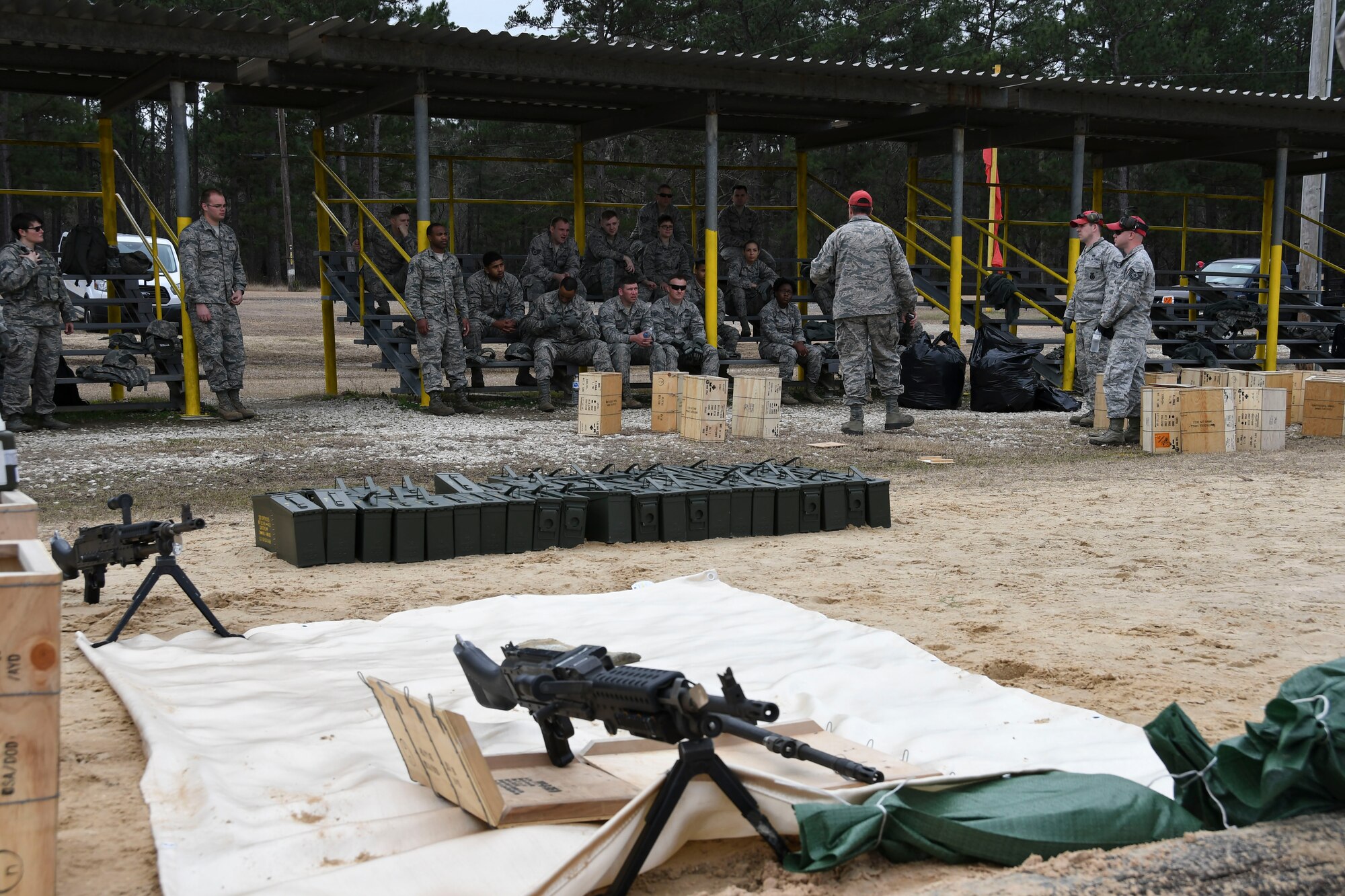 U.S. Airmen assigned to the 307th Security Forces Squadron receive a safety briefing before dividing into groups at Fort Polk, Louisiana, Feb. 09, 2018.