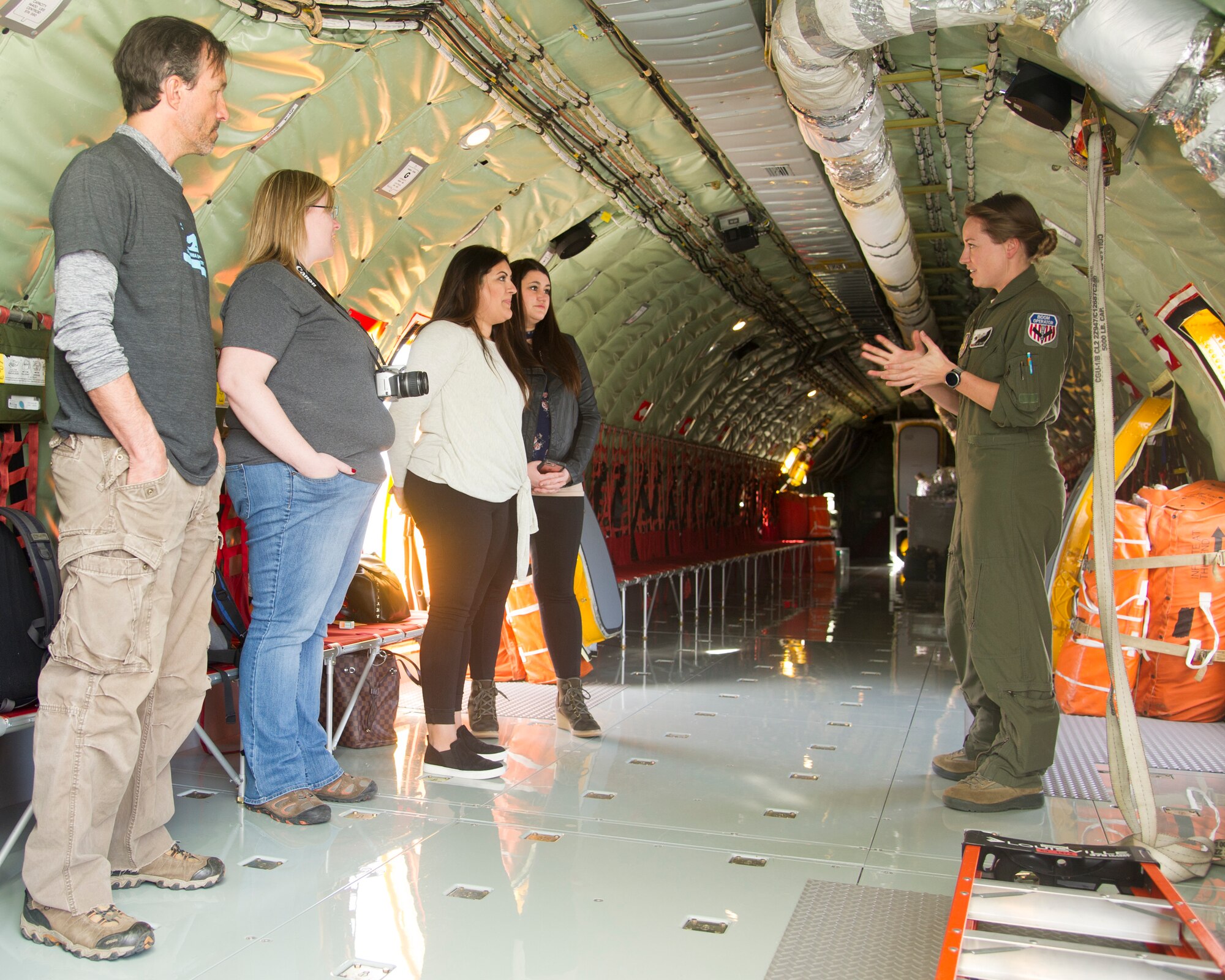 Staff Sgt. Amy Zemaitis, 314th Air Refueling Squadron boom operator, gives a safety briefing to wing spouses Feb. 10 at Beale Air Force Base, California.