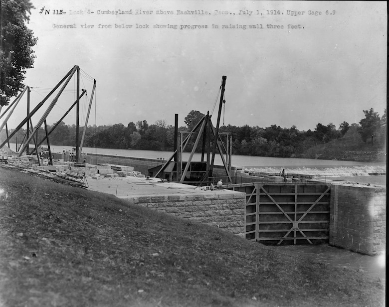 This is Lock 4 on the Cumberland River in Tennessee July 1, 1914. The U.S. Army Corps of Engineers Nashville District built the lock and dam to establish a navigation channel. The old locks and dams were replaced by today's modern dams. (USACE Photo)
