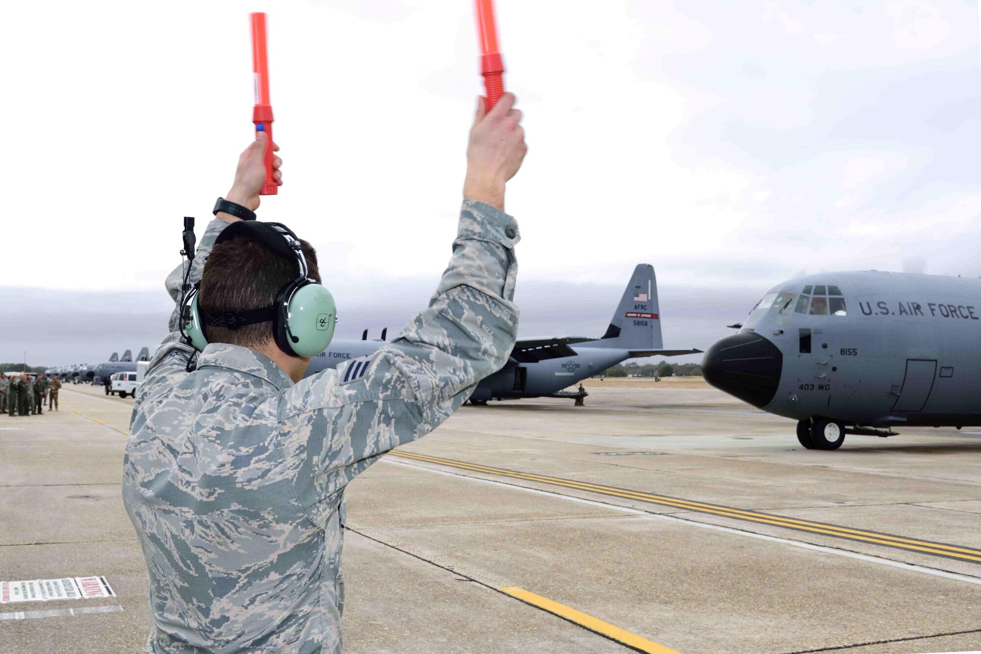 Aircrew members of the 815th Airlift Squadron taxi a C-130J Super Hercules aircraft onto the flight line Jan. 8, 2018, in preparation for takeoff for their deployment to Southwest Asia. Before Reserve Citizen Airmen deploy, offices such as the 403rd Wing Judge Advocate and 403rd Force Support Squadron can assist reservists with various legal and financial issues to help ease the stress of the pre-deployment process. (U.S. Air Force photo by Tech. Sgt. Ryan Labadens)