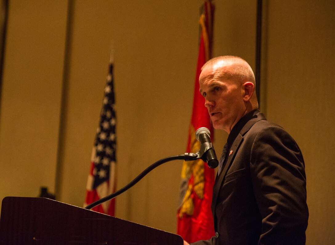 Sgt. Maj. Bradley Kasal, sergeant major, I Marine Expeditionary Force, speaks at the West Coast Senior Enlisted Professional Dinner at Valley Center, Calif., Feb. 8, 2018.