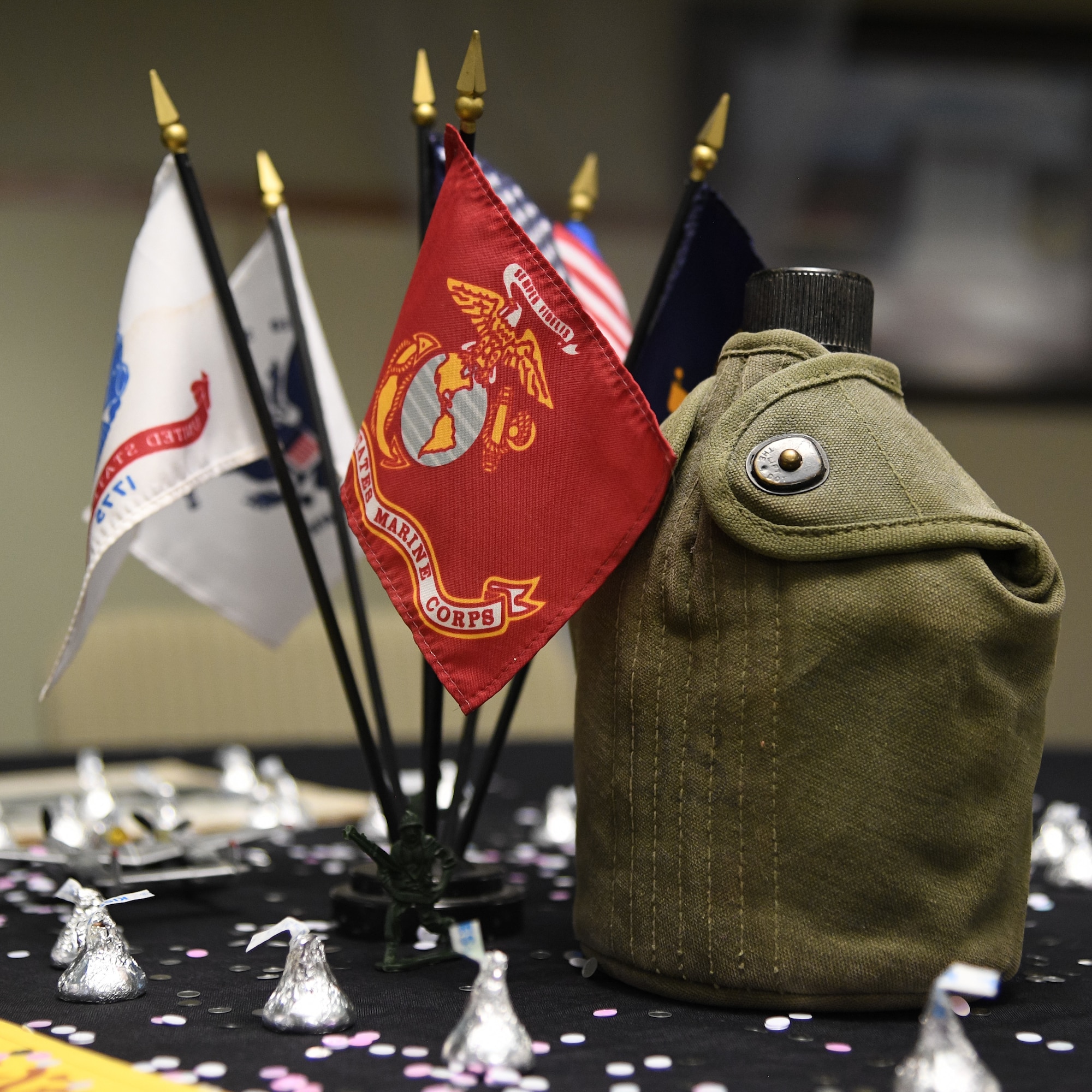 A military-themed centerpiece decorates a table during a Valentine's Day dance held at the George E. Wahlen Veterans Home in Ogden, Utah, Feb. 14, 2018. (U.S. Air Force photo by R. Nial Bradshaw)