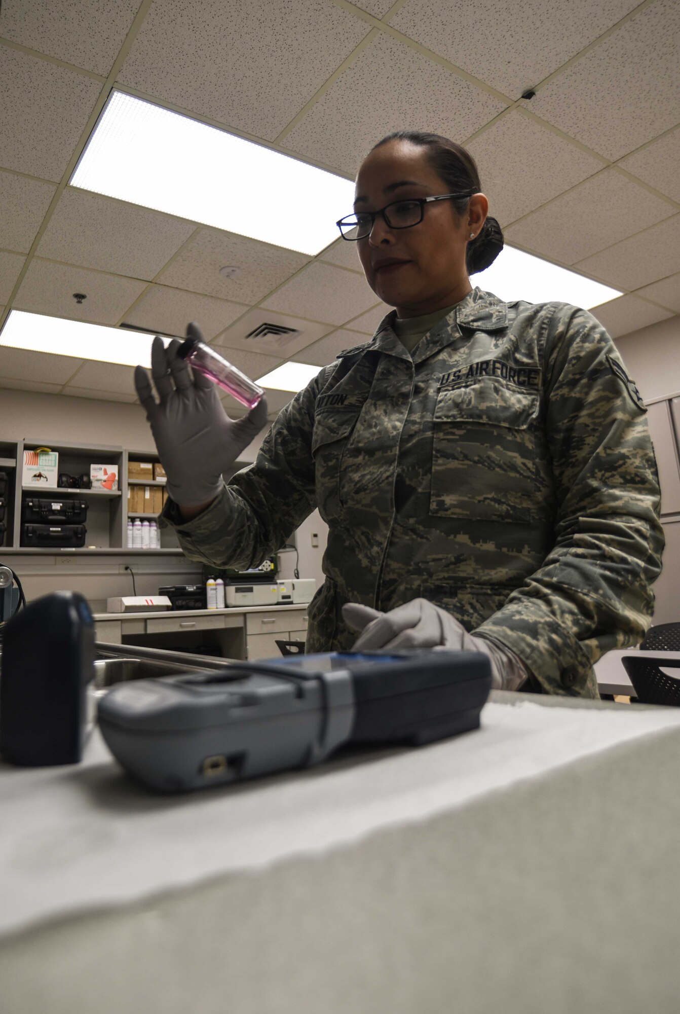 Airman 1st Class Margarita Clayton, 90th Medical Group bioenvironmental engineering technician, tests a sample of water from around base to ensure it meets Air Force Instruction and federal standards Feb. 8, 2018 at F.E. Warren Air Force Base, Wyo. Bioenvironmental works in tandem to ensure the installation is in environmental compliance thus minimizing the risk to the mission.