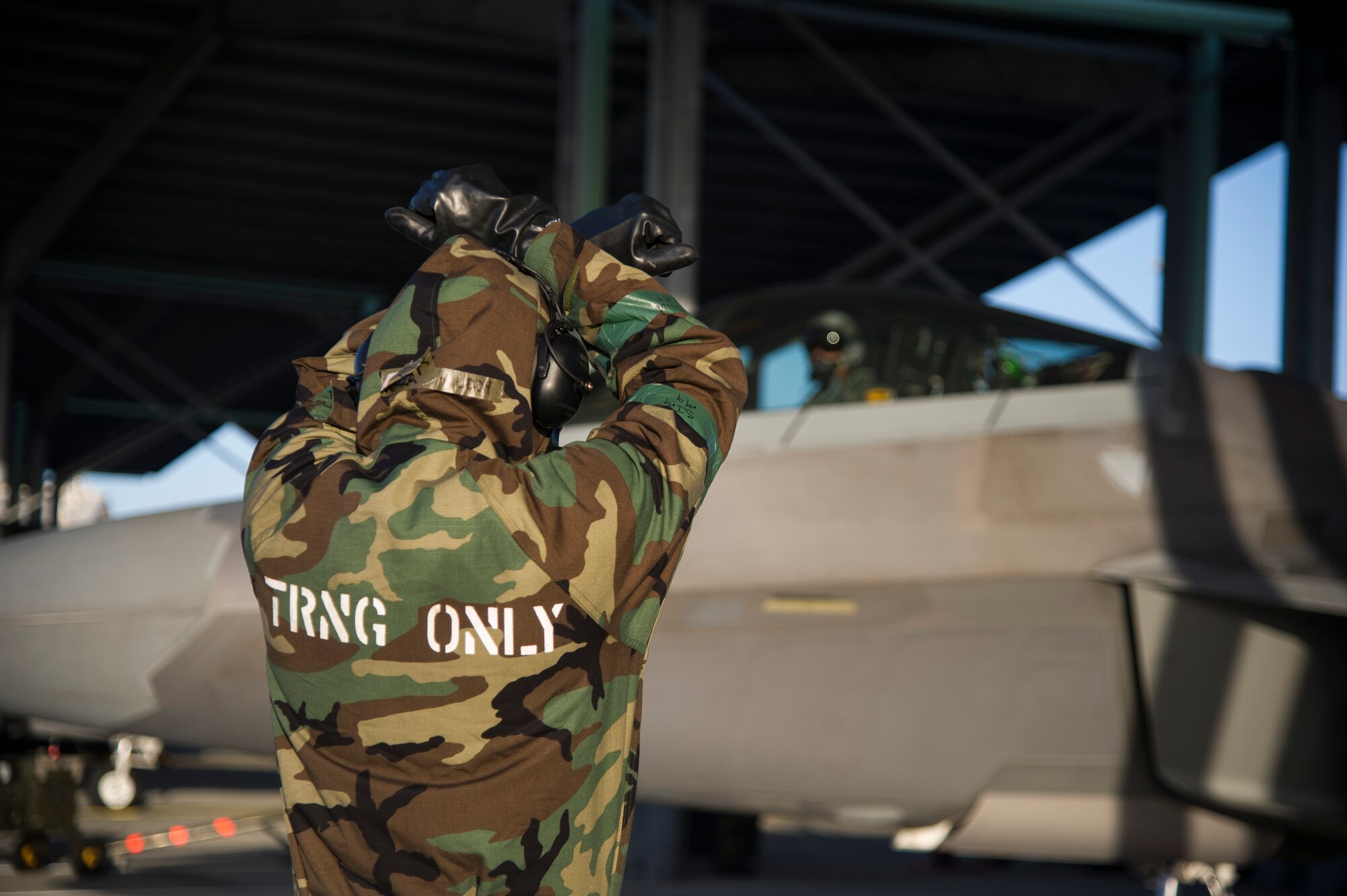 A crew chief from the 154th Maintenance Squadron marshals an F-22 Raptor while wearing their mission-oriented protective posture gear at Joint Base Pearl Harbor-Hickam, Hawaii, Feb. 9, 2018. The 15th Wing routinely schedules protective gear training to ensure each Airman maintains professional readiness. (U.S. Air Force photo by Tech. Sgt. Heather Redman)