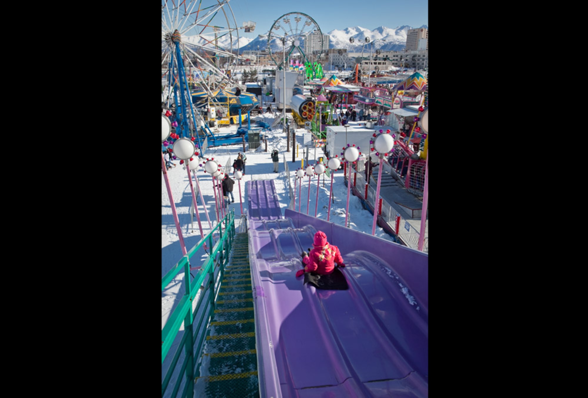 The Rondy carnival takes place in downtown Anchorage, Alaska, offering rides games and treats for all ages as part of Fur Rendezvous. The 12-day annual festival began as a three-day event arranged to coincide with the return of miners and trappers loaded down with the profits of a winter’s worth of work.