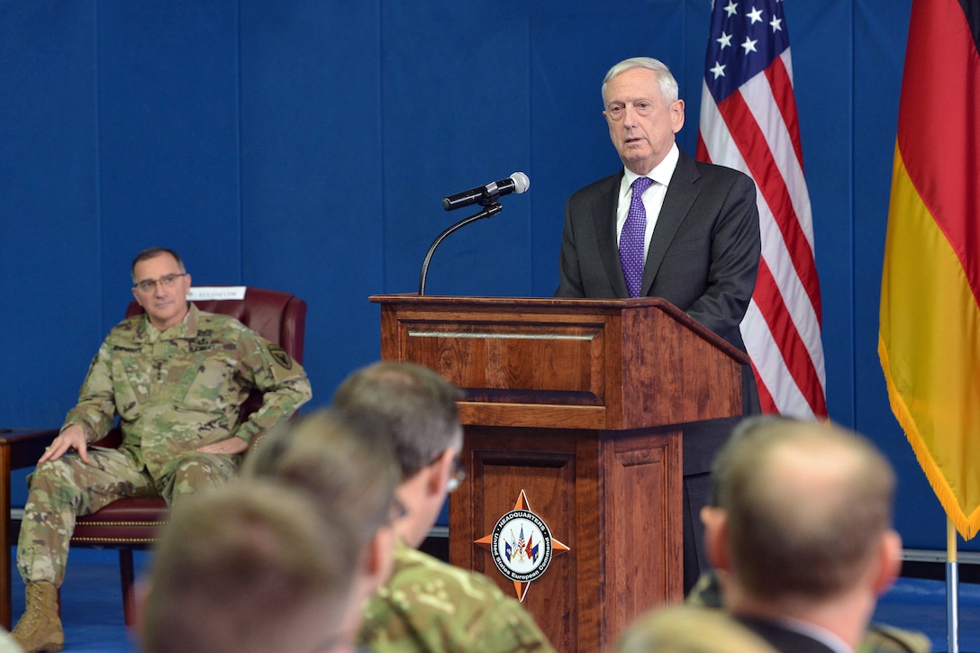 Defense Secretary James N. Mattis speaks to military and civilian personnel in Germany.