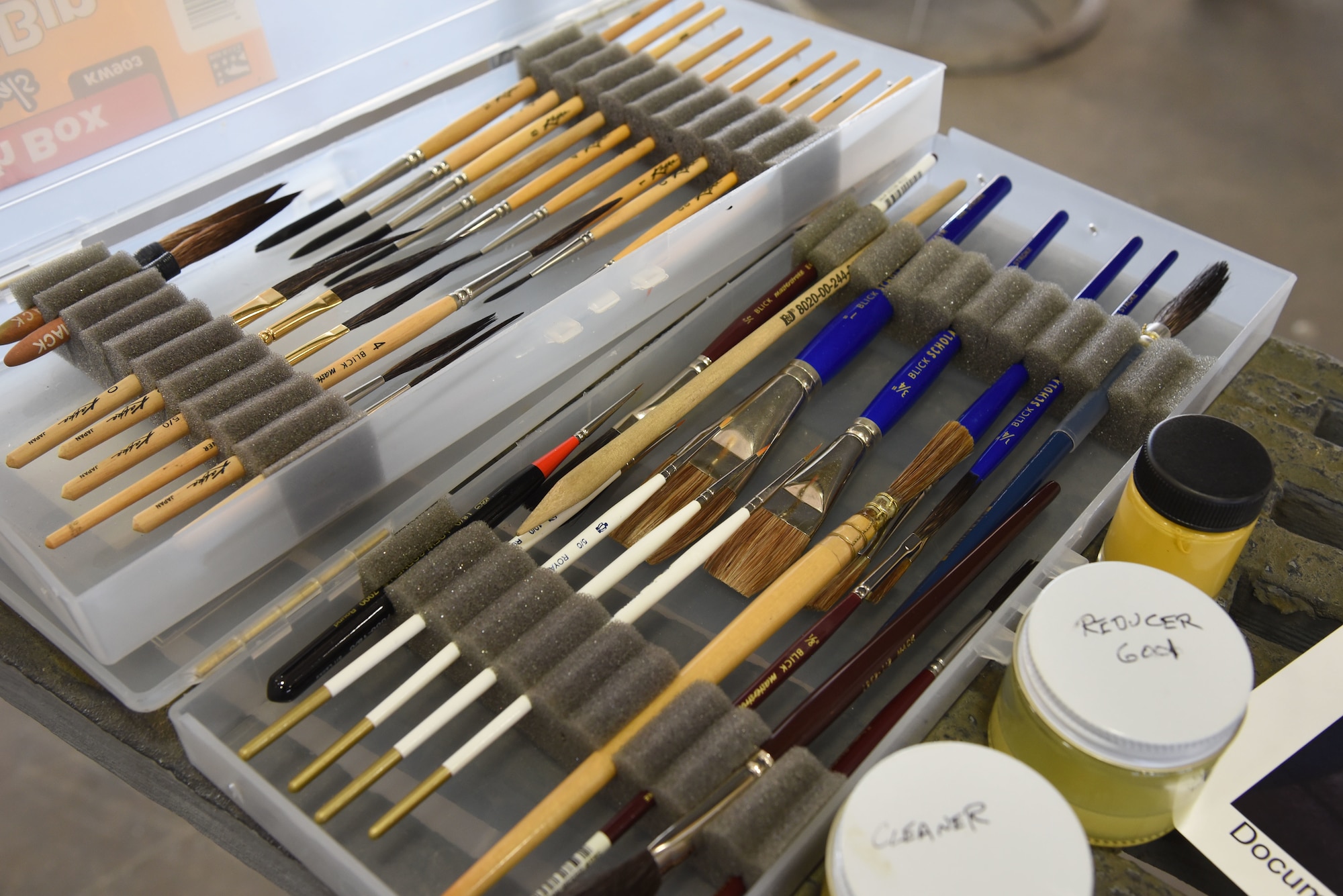 (02/05/2018) Paint brushes used for artwork on the historic restoration of the Boeing B-17F Memphis Belle. (U.S. Air Force photo by Ken LaRock)