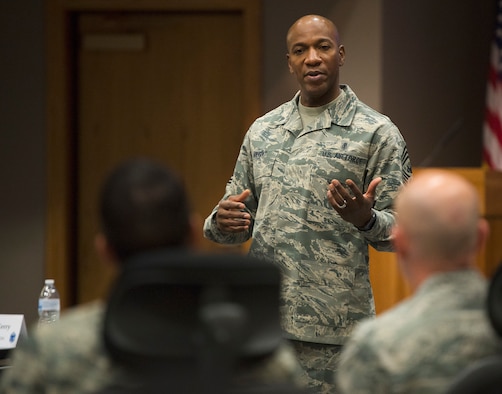 Chief Master Sgt. of the Air Force Kaleth O. Wright answers questions during the Air Force Materiel Command’s Chief Orientation Course