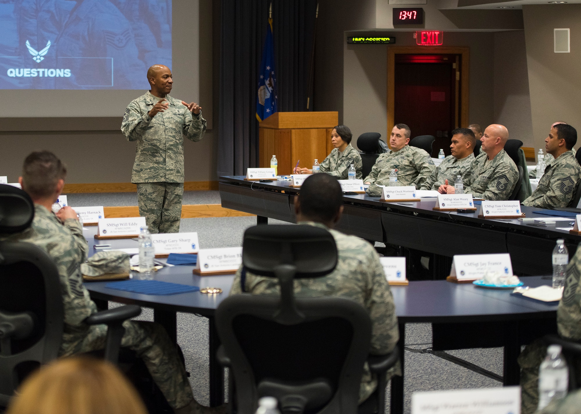 Chief Master Sgt. of the Air Force Kaleth O. Wright answers questions during the Air Force Materiel Command’s Chief Orientation Course