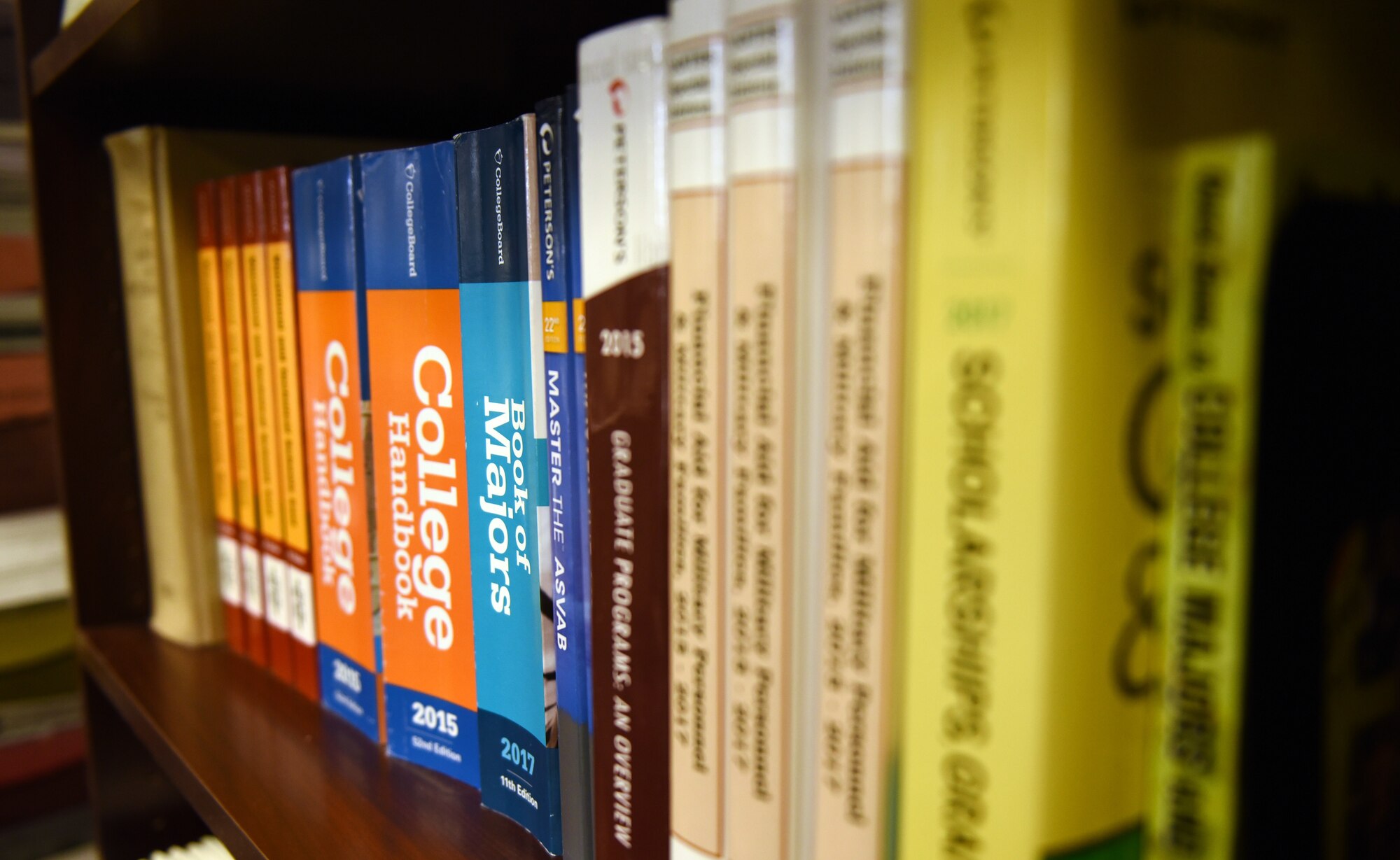College textbooks are organized on a bookshelf in the education office at Tyndall Air Force Base, Fla., Feb. 14, 2018. The Tyndall Education office is designed to support Airmen in their efforts to further their education. (U.S. Air Force photo by Airman 1st Class Isaiah J. Soliz/Released)
