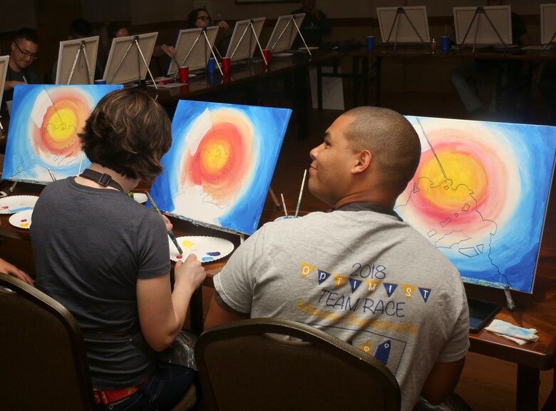 Lance Cpl. Christian Moreno participates in a “Singles Painting Party” aboard Marine Corps Air Station Beaufort, Feb. 14. The painting party was hosted by the Single Marine
Program, a program that provides opportunities and improves the quality of life for single Marines and Sailors. Moreno is a videographer with MCAS Beaufort.