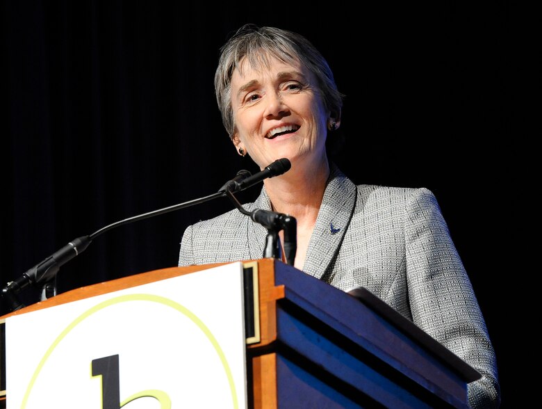 Secretary of the Air Force Heather Wilson congratulates awardees during the 32nd Black Engineer of the Year Science, Technology, Engineering and Mathematics Global Competitiveness Conference Feb. 9, 2018, in Washington, D.C. The Black Engineer of the Year Award recognizes African Americans with exceptional career gains in various vocations of Science, Technology, Engineering and Mathematics career fields. (U.S. Air Force photo by Tech. Sgt. Robert Barnett)