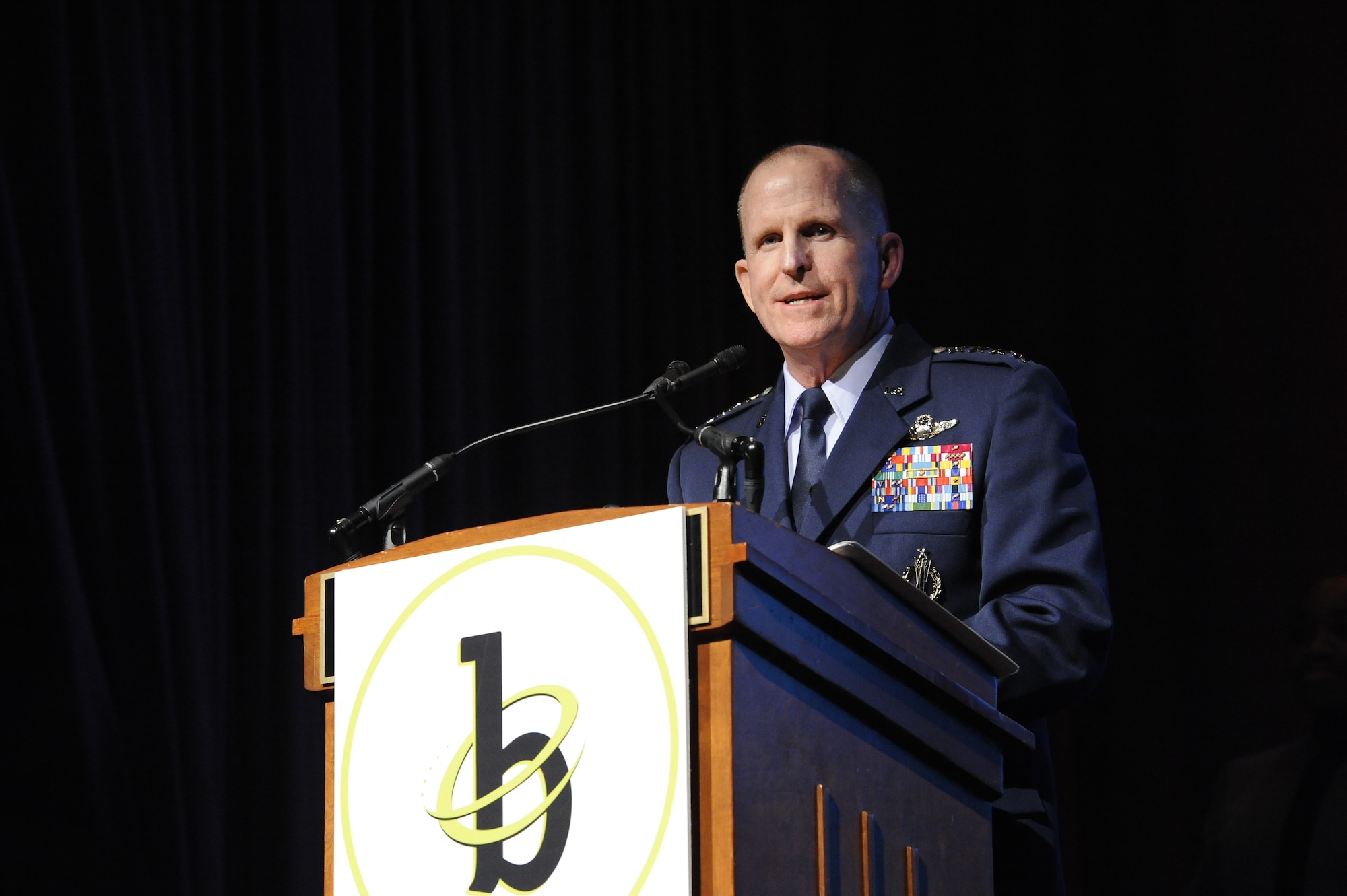 Vice Chief of Staff of the Air Force Gen. Stephen Wilson introduces Black Engineer of the Year recipient Maj. Brendan O’Neal during the 32nd BEYA Science, Technology, Engineering and Mathematics Global Competitiveness Conference Feb. 9, 2018, in Washington, D.C.  The Black Engineer of the Year Award recognizes African Americans with exceptional career gains in various vocations of STEM career fields. (U.S. Air Force photo by Tech. Sgt. Robert Barnett)