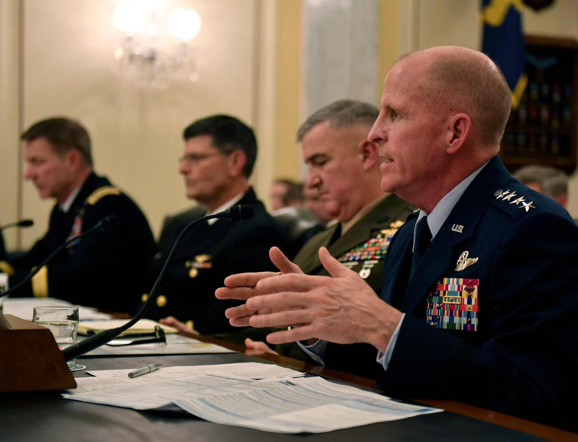 Air Force Vice Chief of Staff Gen. Stephen Wilson speaks to the Senate Armed Services Committee in Washington, D.C., Feb. 14, 2018.  Wilson and other members of the panel discussed the readiness of the Armed Forces. (U.S. Air Force photo by Wayne A. Clark)