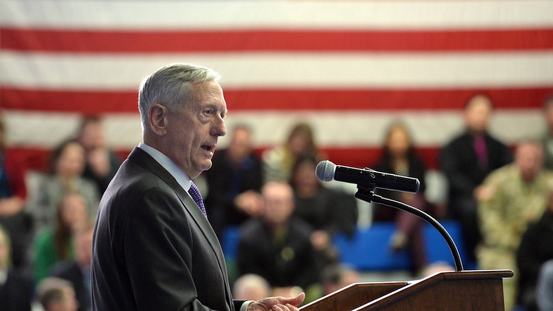Defense Secretary James N. Mattis speaks to military and civilian personnel in Germany.