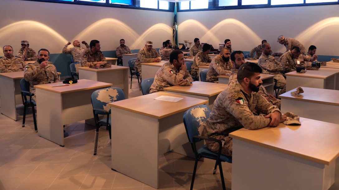 Twenty-seven Kuwaiti Marines gathered in a classroom at the Kuwait Naval Institute to attend the Tactical Resupply Subject Matter Expert Exchange with U.S. Marines from the Command Element and Logistics Combat Element, Special Purpose Marine Air-Ground Task Force – Crisis Response – Central Command. Exchanging logistic concepts and best practices allowed participants to learn from each other and strengthened relationships.