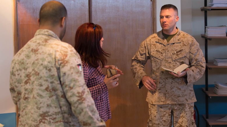 U.S. Marine Maj. Andrew Harkins, the logistics officer in charge for the Command Element, Special Purpose Marine Air-Ground Task Force – Crisis Response – Central Command (right) and a Kuwaiti Marine First Sgt. Bader M. Al-Hubaiter, an infantryman with the Kuwaiti Marine Battalion (left), discuss their respective organizations’ logistics structure during a Tactical Resupply Subject Matter Expert Exchange held at the Kuwait Naval Institute. Participants exchanged logistic concepts and best practices to learn from each other and strengthen relationships.