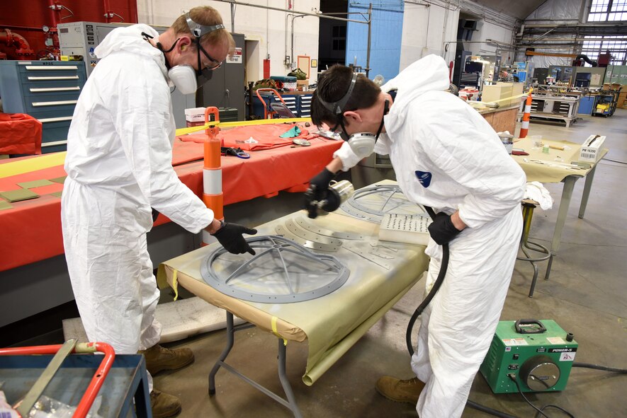 (02/05/2017) -- National Museum of the U.S. Air Force restoration specialist Casey Simmons paints the ball turret on the Boeing B-17F Memphis Belle. Plans call for the aircraft to be placed on permanent public display in the WWII Gallery here at the National Museum of the U.S. Air Force on May 17, 2018. (U.S. Air Force photo by Ken LaRock)