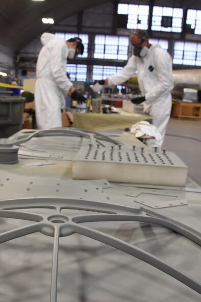 (02/05/2017) -- National Museum of the U.S. Air Force restoration specialist Casey Simmons paints the ball turret on the Boeing B-17F Memphis Belle. Plans call for the aircraft to be placed on permanent public display in the WWII Gallery here at the National Museum of the U.S. Air Force on May 17, 2018. (U.S. Air Force photo by Ken LaRock)