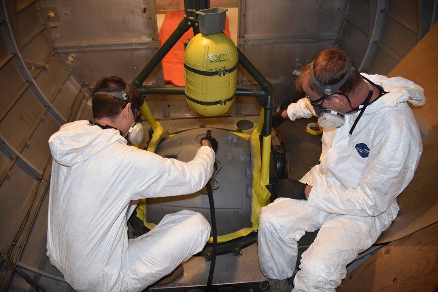 (02/05/2017) -- National Museum of the U.S. Air Force restoration specialist Casey Simmons paints the ball turret on the Boeing B-17F Memphis Belle. Plans call for the aircraft to be placed on permanent public display in the WWII Gallery here at the National Museum of the U.S. Air Force on May 17, 2018. (U.S. Air Force photo by Ken LaRock)