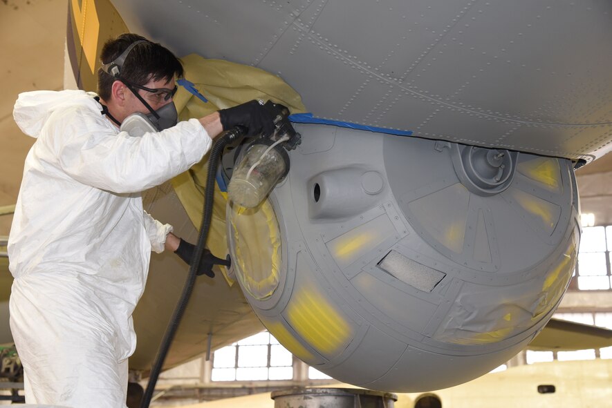 (02/05/2017) -- National Museum of the U.S. Air Force restoration specialist Casey Simmons paints the ball turret on the Boeing B-17F Memphis Belle. Plans call for the aircraft to be placed on permanent public display in the WWII Gallery here at the National Museum of the U.S. Air Force on May 17, 2018. (U.S. Air Force photo by Ken LaRock)
