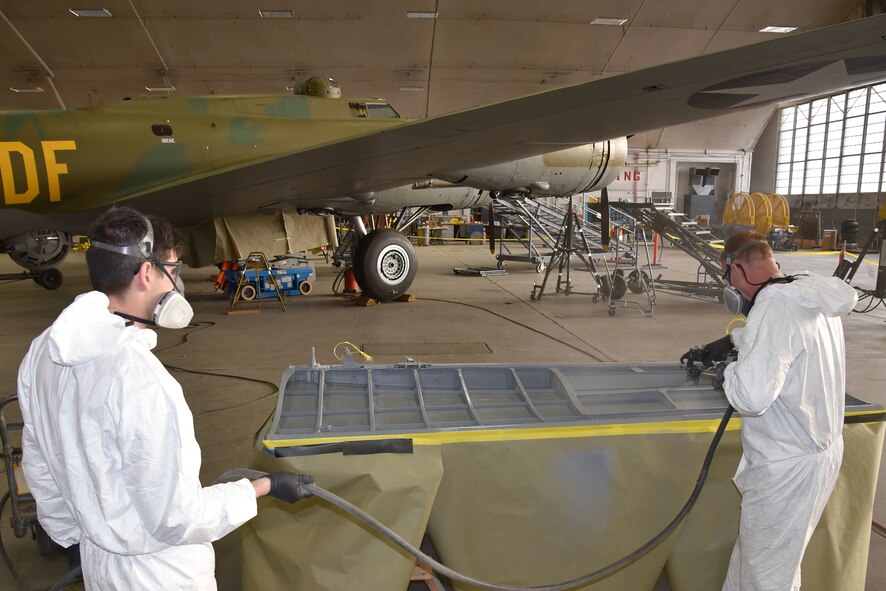 (02/13/2018) -- National Museum of the U.S. Air Force restoration specialist Brian Lindamood paints the bomb bay of the Boeing B-17F Memphis Belle. Plans call for the aircraft to be placed on permanent public display in the WWII Gallery here at the National Museum of the U.S. Air Force on May 17, 2018. (U.S. Air Force photo by Ken LaRock)