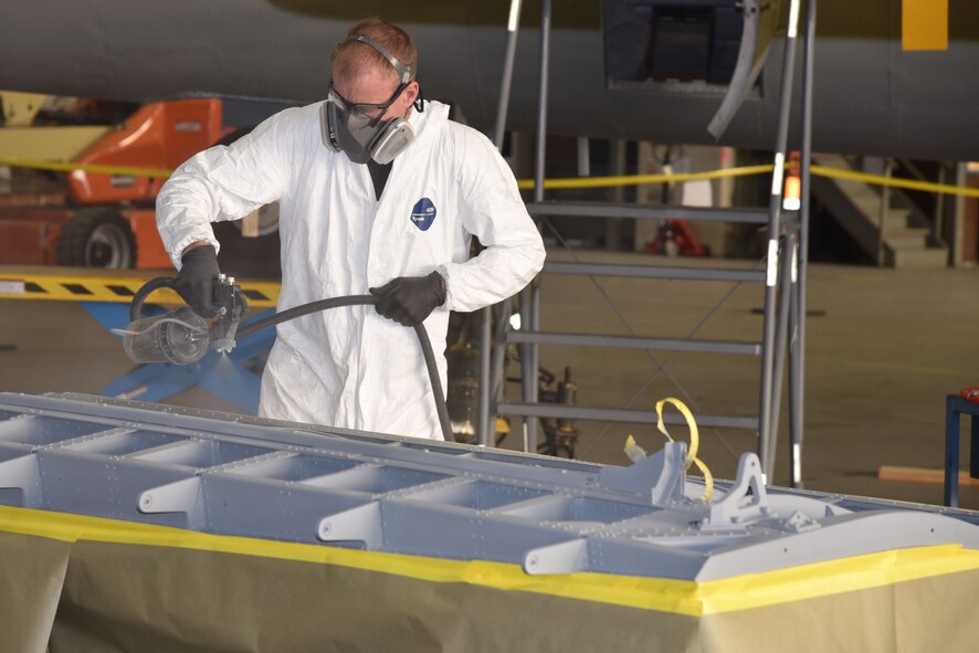 (02/13/2018) -- National Museum of the U.S. Air Force restoration specialist Brian Lindamood paints the bomb bay of the Boeing B-17F Memphis Belle. Plans call for the aircraft to be placed on permanent public display in the WWII Gallery here at the National Museum of the U.S. Air Force on May 17, 2018. (U.S. Air Force photo by Ken LaRock)