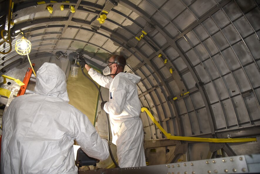 (02/13/2018) -- National Museum of the U.S. Air Force restoration specialist Brian Lindamood paints the bomb bay of the Boeing B-17F Memphis Belle. Plans call for the aircraft to be placed on permanent public display in the WWII Gallery here at the National Museum of the U.S. Air Force on May 17, 2018. (U.S. Air Force photo by Ken LaRock)
