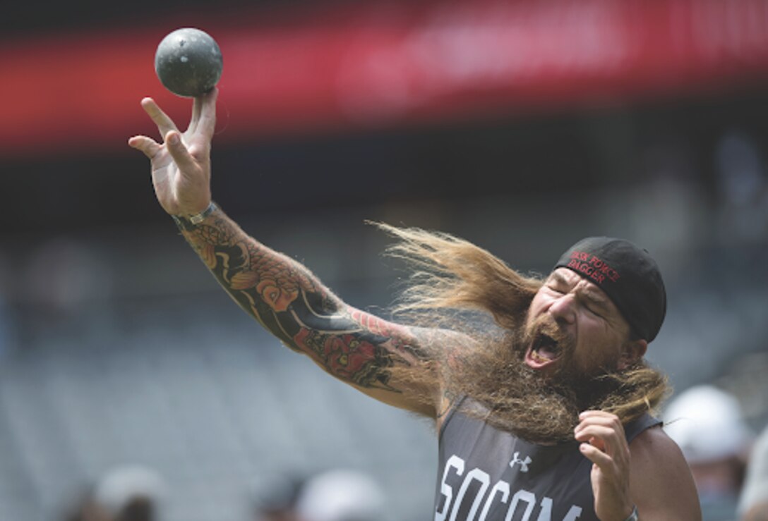 Army veteran Staff Sgt. Ryan Murphy displays true strength hurling a shot put during the 2017 Warrior Games. The 2018 Warrior Games will be held from June 2 - 9 at the U.S. Air Force Academy in Colorado Springs. (DoD photo by EJ Hersom)