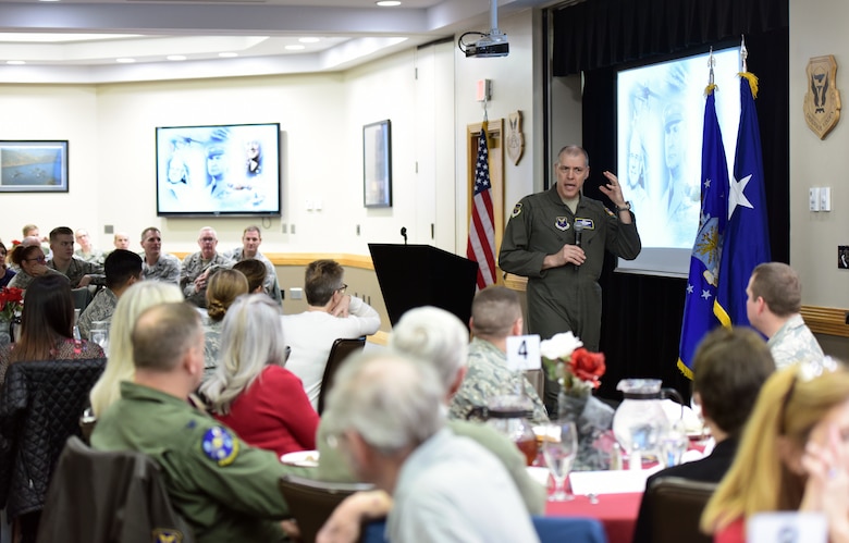 U.S. Air Force Maj. Gen. Thomas Bussiere, commander of the 8th Air Force, speaks with members of the Whiteman Base Community Council during their the monthly luncheon at Whiteman Air Force Base, Mo., Feb. 14, 2018.