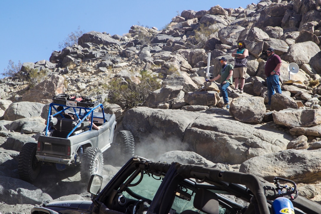 Riders and attendees test their vehicles on a trail during King of the Hammers in Johnson Valley, Calif., Feb. 5, 2018. King of the Hammers is the largest off-road racing and rock-crawling event in North America, prefaced by a week of smaller races that test riders on some of Southern California’s famous trails. (Marine Corps photo by Cpl. Dave Flores)