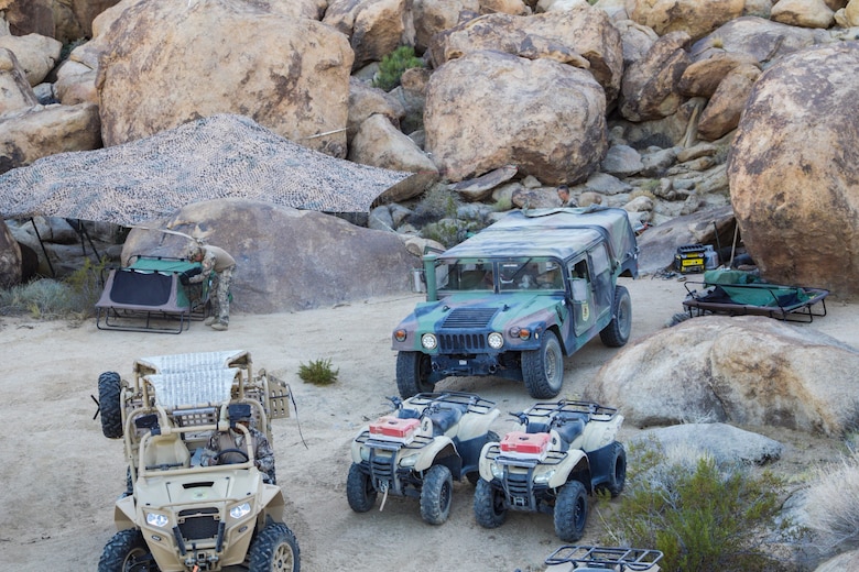 Conservation Law Enforcement Officers set up their base of operations near Emerson Lake training area aboard the Marine Corps Air Ground Combat Center, Twentynine Palms, Calif., during King of the Hammers off-road racing and rock-crawling event, Feb. 7, 2018. CLEOs work to protect and preserve the base's many natural and cultural resources. (U.S. Marine Corps photo by Cpl. Dave Flores)