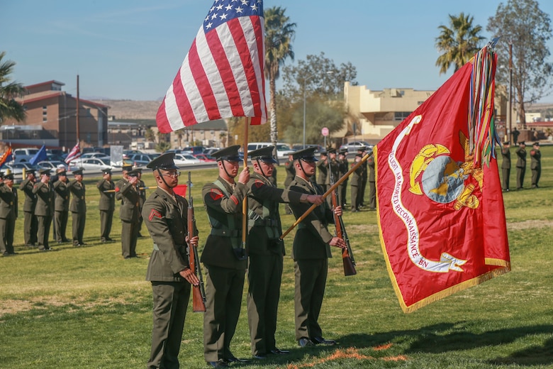 The 3rd Light Armored Reconnaissance Battalion color guard presents the national colors  during the D Company "Dragoons" deactivation ceremony aboard the Marine Corps Air Ground Combat Center, Twentynine Palms, Calif., Feb. 09, 2018. D Company was deactivated by order of the Commandant of the Marine Corps after 32 years of service. (U.S. Marine Corps photo by Lance Cpl. Preston L. Morris)