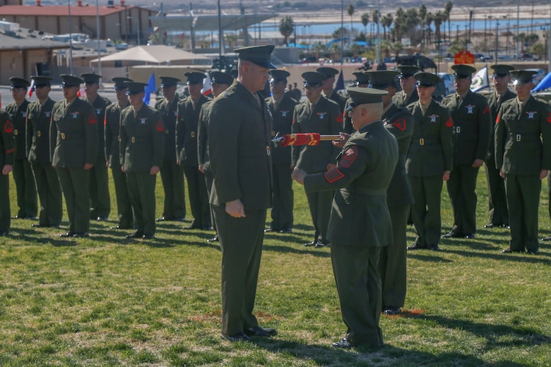 The guidon of D Company "Dragoons", 3rd Light Armored Reconnaissance Battalion, is officially retired during the deactivation ceremony aboard the Marine Corps Air Ground Combat Center, Twentynine Palms, Calif., Feb. 09, 2018. D Company was deactivated by order of the Commandant of the Marine Corps after 32 years of service. (U.S. Marine Corps photo by Lance Cpl. Preston L. Morris)