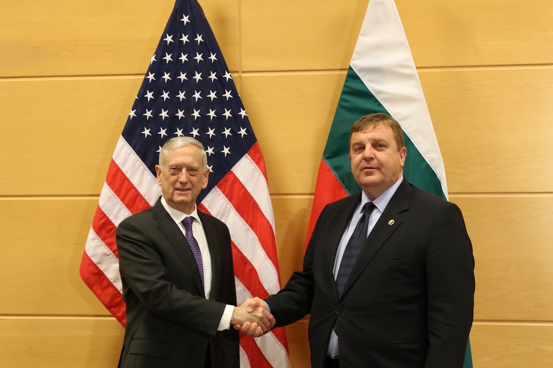 Defense Secretary James N. Mattis greets Bulgarian Defense Minister Krasimir Karakachanov.