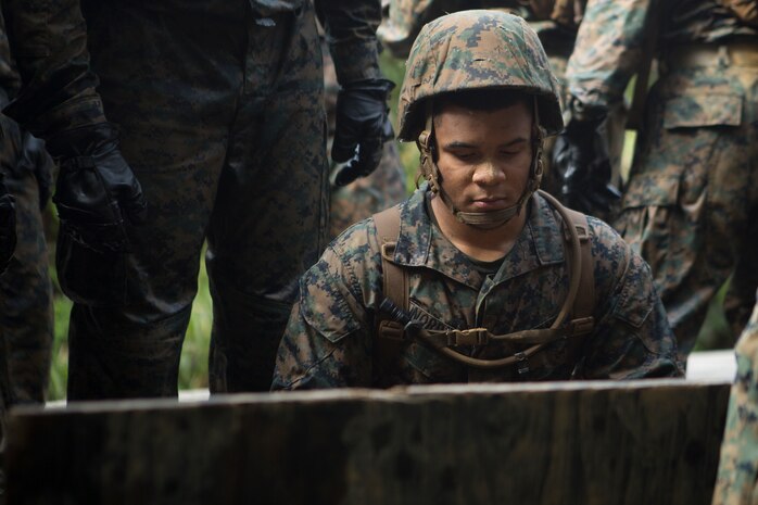 Lance Cpl. Jim A. Norris, a network administrator with Communications Company, Headquarters Regiment, 3rd Marine Logistics Group, looks closely to memorize the items inside a box as part of a memory game at the Endurance Course on Camp Gonsalves, Okinawa, Japan, Feb. 16, 2018. The Marines were required to memorize these items and recite what they were after the E-Course was finished. Norris is a native of Fort Myers, Florida. (U.S. Marine Corps photo by Lance Cpl. Jamin M. Powell)