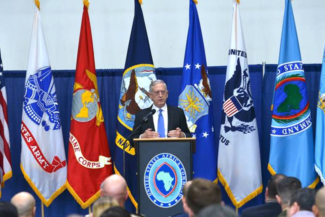 Defense Secretary James N. Mattis speaks at a town hall in Germany.