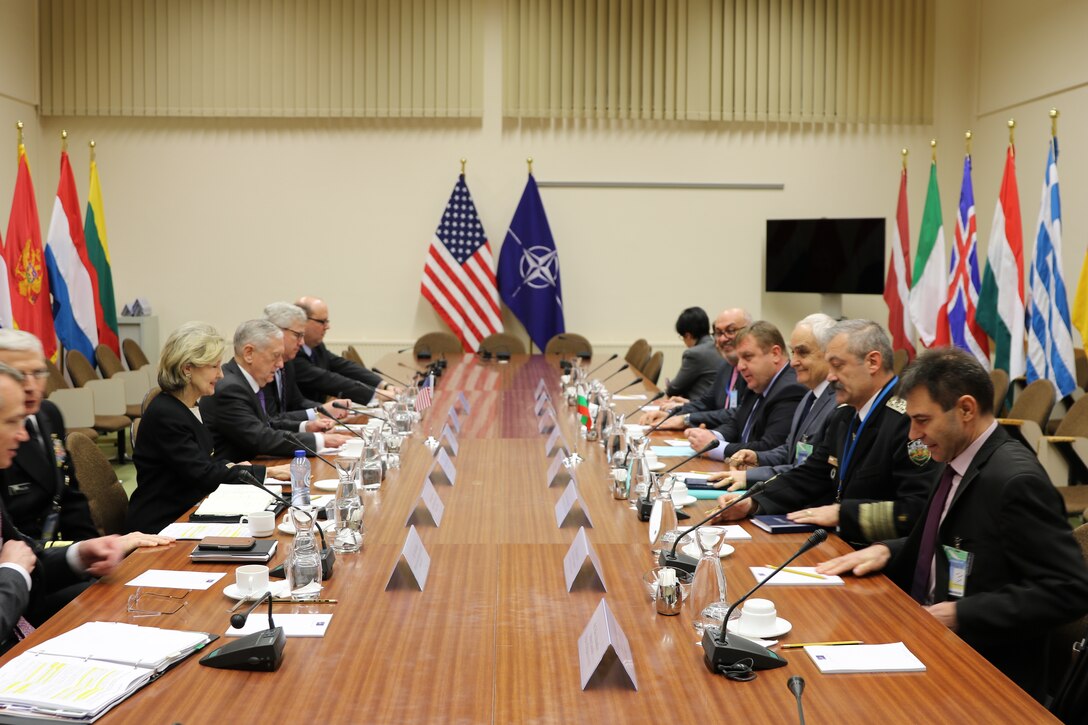 Defense Secretary James N. Mattis and U.S. Ambassador to NATO Kay Bailey Hutchinson, left, conduct bilateral discussions with Bulgaria’s Defense Minister Krasimir Karakachanov