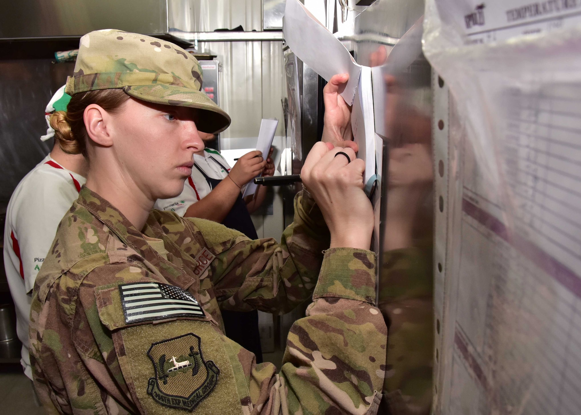 Maj. Jessica McGlade, 386th EMDG public health chief, and her team work diligently to ensure all food and food facilities at their location are safe. They also check to see if food handlers are knowledgeable about the food they are handling. Assessing the risks associated with productions, transportation, storage, preparation, and serving of food is a daily occurrence for them.
