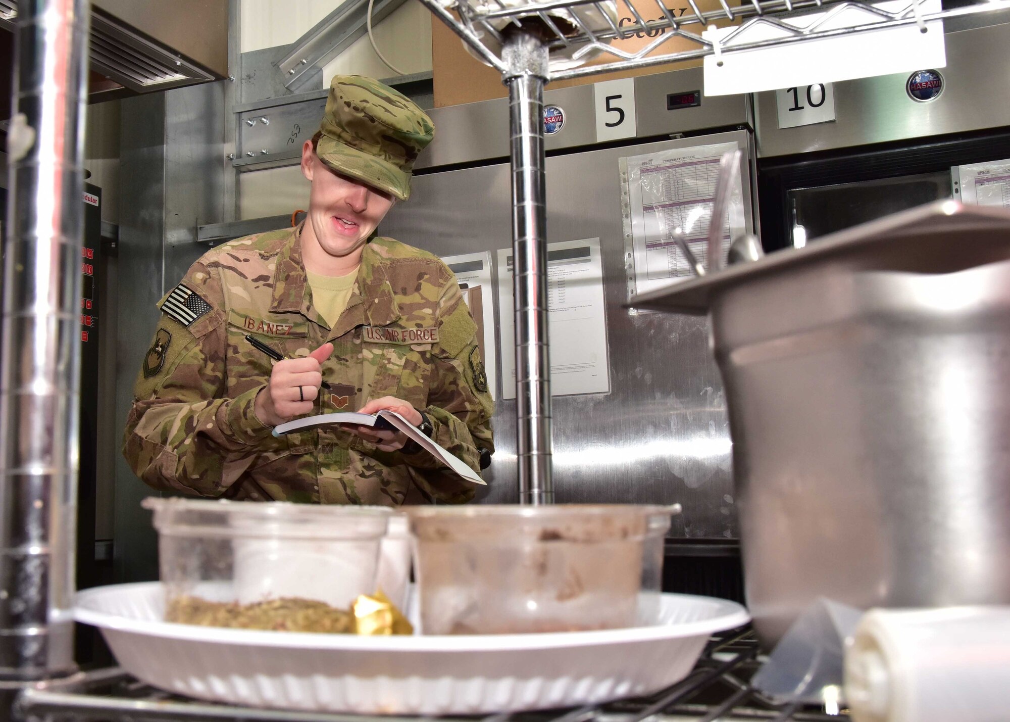 Maj. Jessica McGlade, 386th EMDG public health chief, and her team work diligently to ensure all food and food facilities at their location are safe. They also check to see if food handlers are knowledgeable about the food they are handling. Assessing the risks associated with productions, transportation, storage, preparation, and serving of food is a daily occurrence for them.