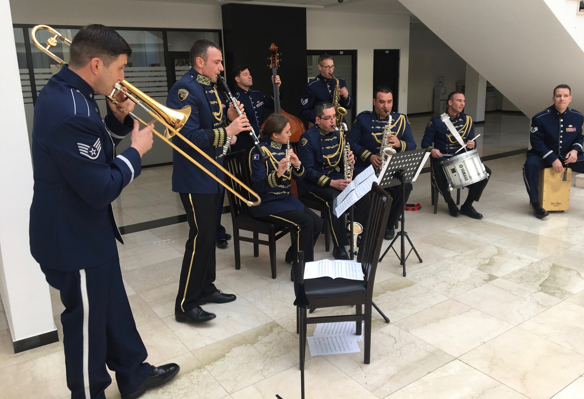 A seven-piece ensemble with the U.S. Air Forces in Europe Band performs alongside the Kosovo Security Forces Band at the KSF headquarters in Pristina, Kosovo, Feb. 14, 2018. The band was in Kosovo to celebrate the 10th anniversary of Kosovo independence. (U.S. Air Force photo by Maj. Tristan Hinderliter)