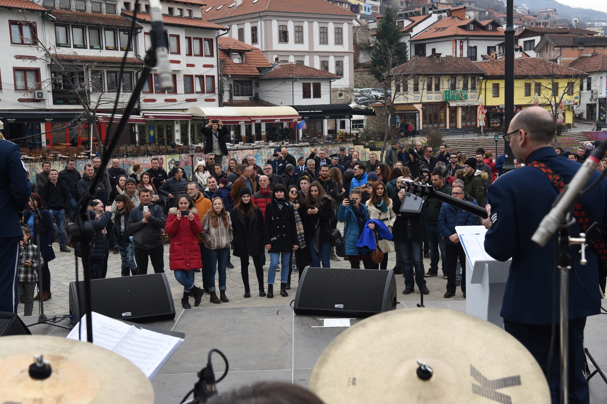 The U.S. Air Forces in Europe Band performs in Prizren, Kosovo, in celebration of the country’s 10th anniversary of independence, Feb. 18, 2018. (U.S. Air Force photo by Maj. Tristan Hinderliter)