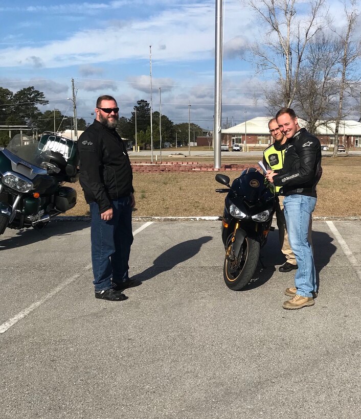 On February 16, 2018 as part of the Motorcycle Mentorship Program (MMP), Marines conducted level three motorcycle safety training. For this advanced ride Marines:  received a brief and discussed specific motorcycle handling techniques, conducted pre-ride inspections, took a local ride to practice the specific motorcycle handling techniques, returned to debrief the techniques, received additional training, and then conducted a longer ride that exercised all the discussed techniques. The MMP is designed to capitalize on the riding experience of mature, seasoned riders and to share that knowledge with other riders. Pictured from left to right:  Mr. Jerry Roeder, GySgt Alfred Negron, SSgt Zach Weatherwax.