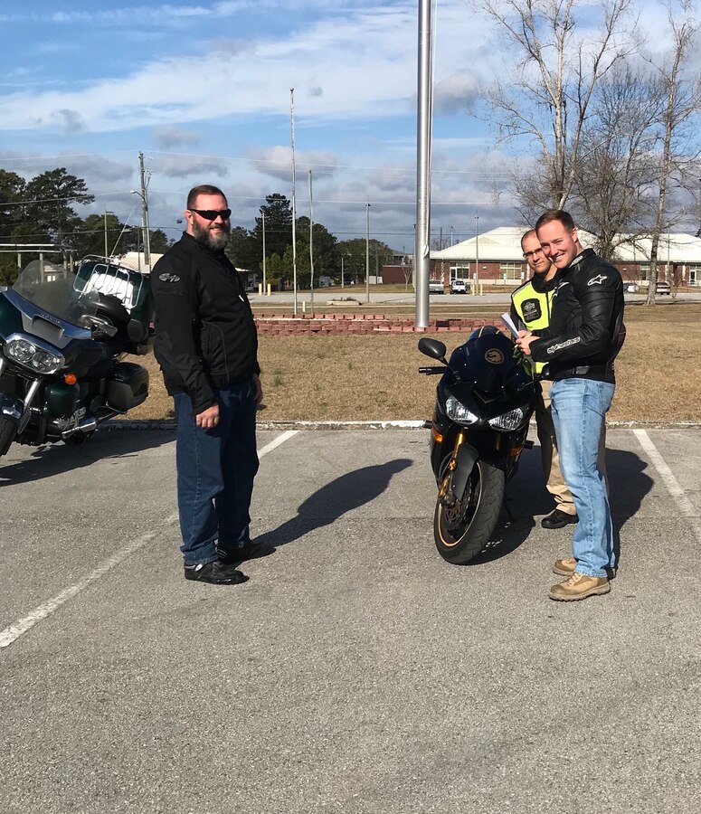 On February 16, 2018 as part of the Motorcycle Mentorship Program (MMP), Marines conducted level three motorcycle safety training. For this advanced ride Marines:  received a brief and discussed specific motorcycle handling techniques, conducted pre-ride inspections, took a local ride to practice the specific motorcycle handling techniques, returned to debrief the techniques, received additional training, and then conducted a longer ride that exercised all the discussed techniques. The MMP is designed to capitalize on the riding experience of mature, seasoned riders and to share that knowledge with other riders. Pictured from left to right:  Mr. Jerry Roeder, GySgt Alfred Negron, SSgt Zach Weatherwax.