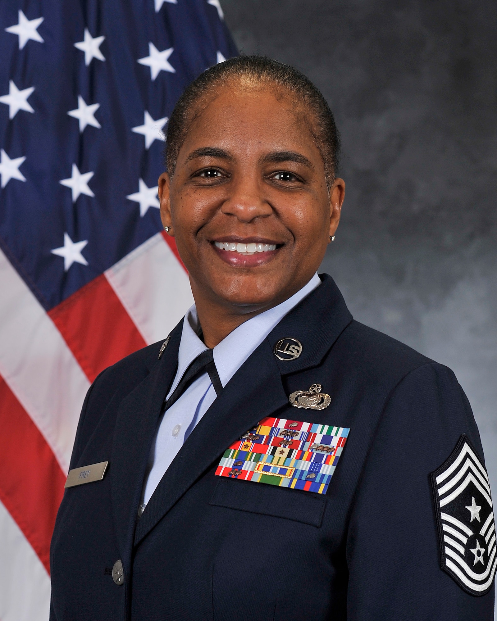 Nearly 34 years later, Chief Master Sgt. Shelina Frey, Air Mobility Command command chief master sergeant, is retiring from Air Force May 1. She was recognized for her years of service during a retirement ceremony Feb. 16.