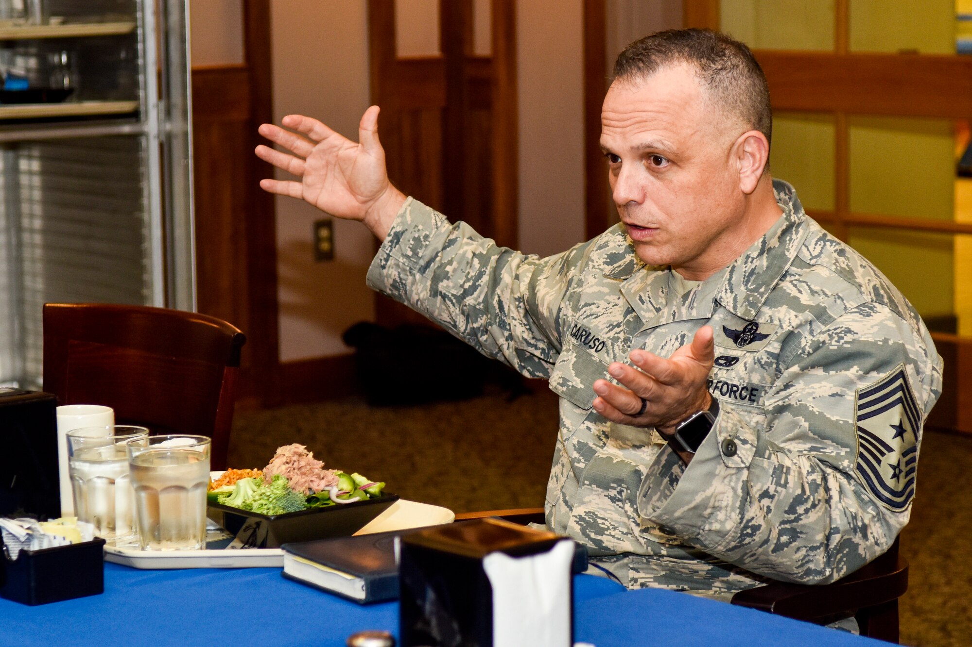 Chief Master Sgt. Matthew Caruso, command senior enlisted leader of U.S. Transportation Command, speaks at a chiefs luncheon at the dining facility, Feb. 15, 2018, at Seymour Johnson Air Force Base, North Carolina.