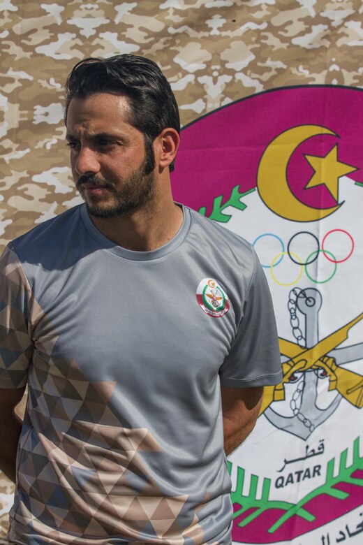 Sanad Aloun, a soldier, Qatar Army, stands for an interview during Qatar Armed Forces National Sport Day activities at Camp Meqdam, Qatar, Feb. 13, 2018. Qatar National Sport Day is an annual event to promote the significance of sport and as a healthy way to bring personnel closer together.