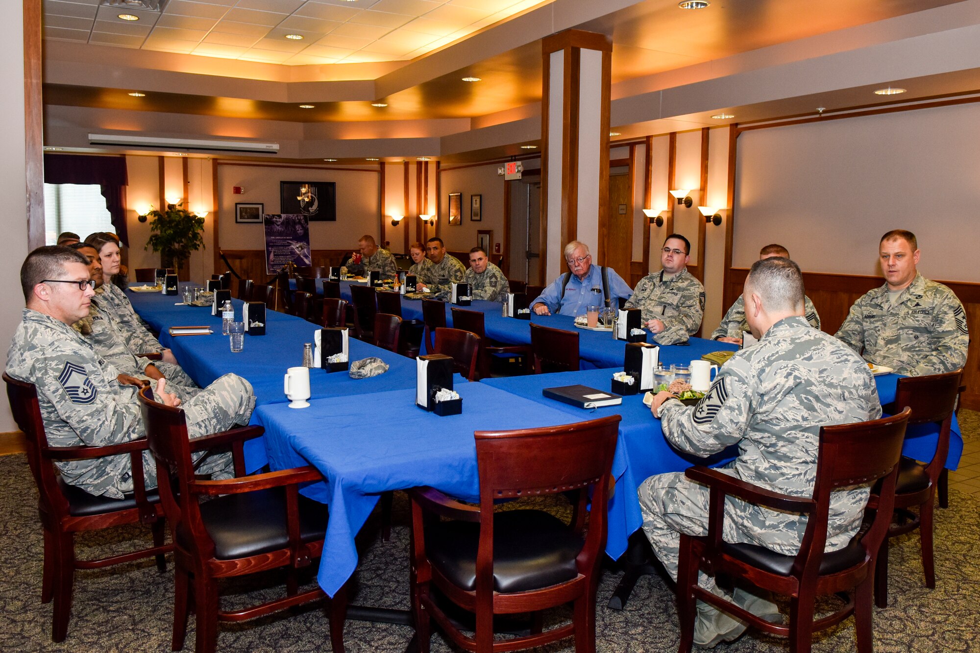 Chief Master Sgt. Matthew Caruso, command senior enlisted leader of U.S. Transportation Command, attends a chiefs luncheon at the dining facility Feb. 15, 2018, at Seymour Johnson Air Force Base, North Carolina.