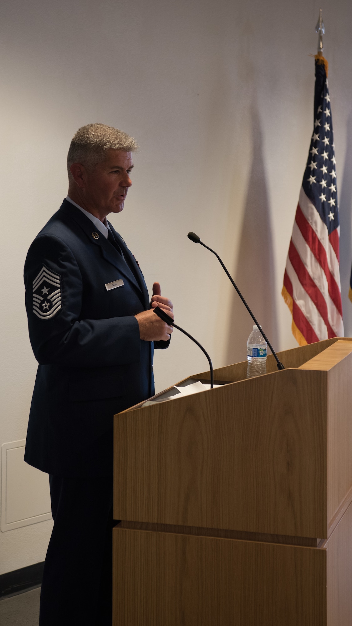 Chief Master Sgt. Charles H. Neal speaks during the Assumption of Authority ceremony at the 162nd Wing, Feb. 11, 2018. (U.S. Air National Guard photo by Senior Airman David English)
