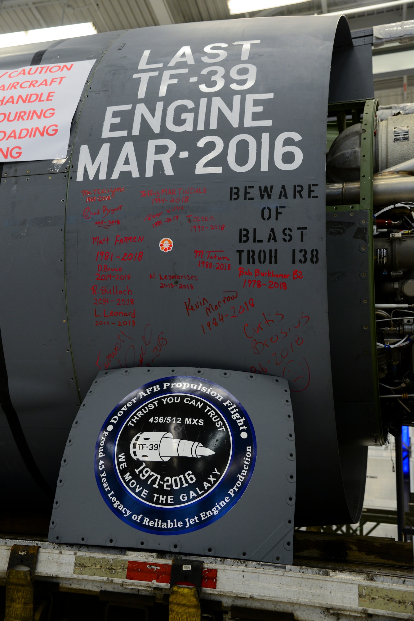 General Electric TF-39 turbofan engine, serial number 441052, sits on a trailer Feb. 16, 2018, at Dover Air Force Base, Del. TF-39 engines were used on the C-5A/B Galaxies and were upgraded to GE CF6-80 engines used on the C-5M Super Galaxies that make up the Air Force’s current mobility fleet. (U.S. Air Force photo by Staff Sgt. Aaron J. Jenne)